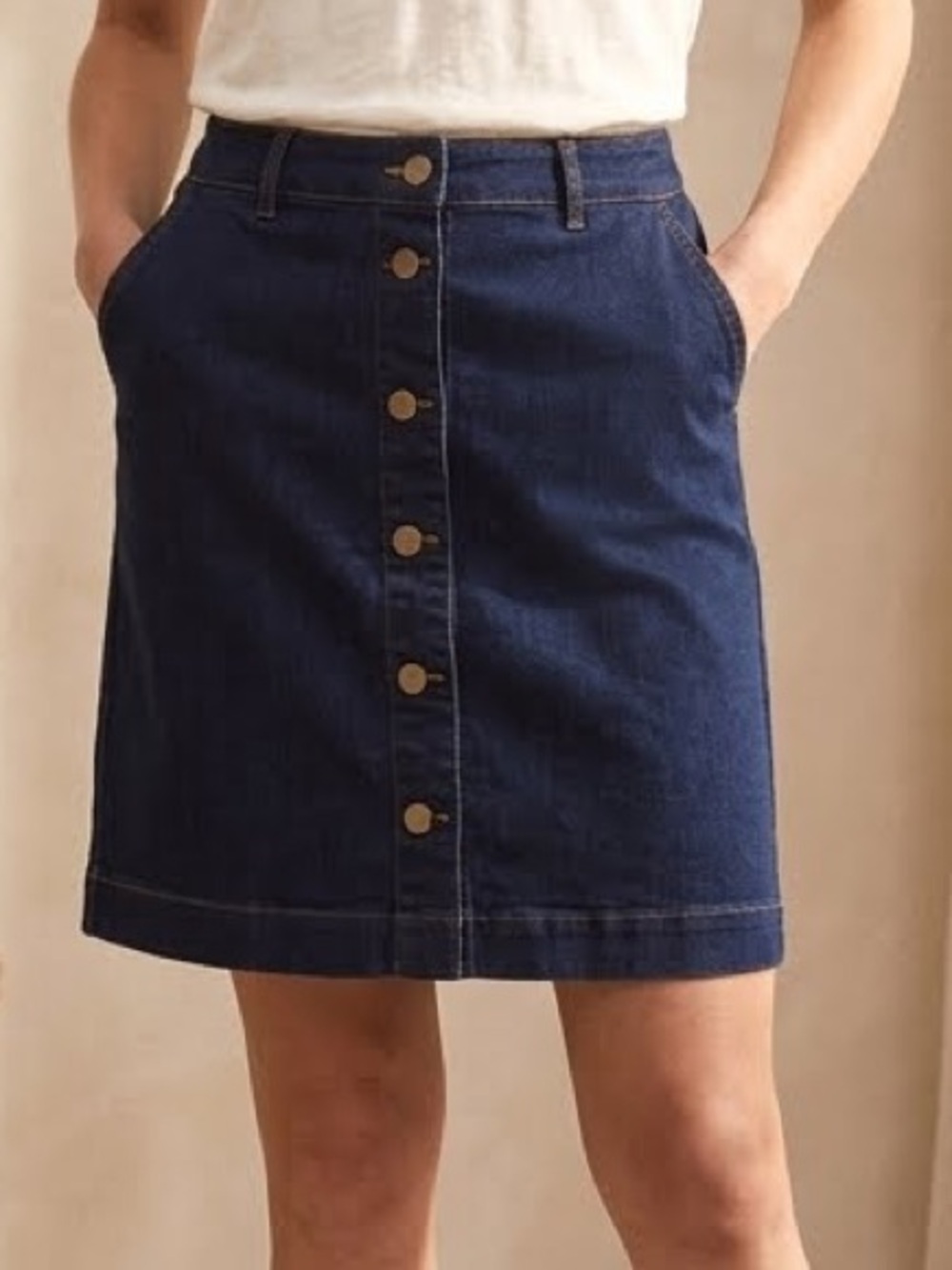 Charter Club Skirt Navy Blue Brass Button Denim Jean pockets stretch A-Line 12